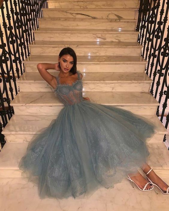 Gray Blue A Line Tulle Sweetheart Lace Prom Dresses, Evening Gowns fg3966
