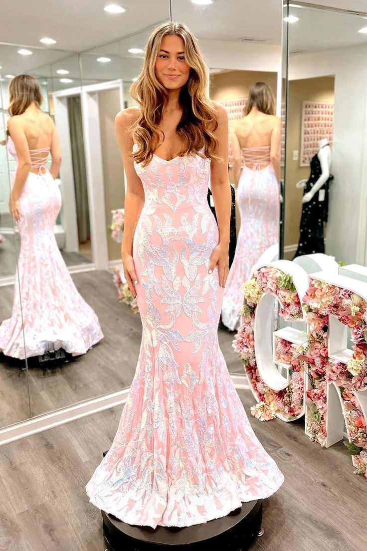 Cute Mermaid Scoop Neck Blush Pink Satin Prom Dresses with Sequins Lace fg4320