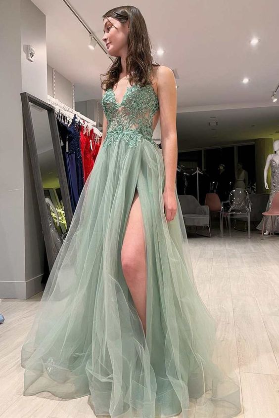 Sage Green Tulle Floral Lace Backless A-Line Prom Dress with Slit fg4185