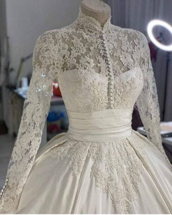 Wedding Dress 3D Flowers Pearls High Neck Lace Dresses Bridal Long Sleeve Ball Gowns For Women Ivory Muslim Engagement Dress fg4043