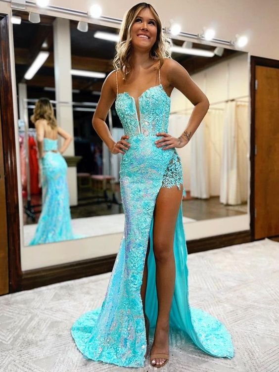 Mermaid / Trumpet Prom Dresses High Split Dress Formal Court Train Sleeveless V Neck Sequined with Slit Appliques fg4291