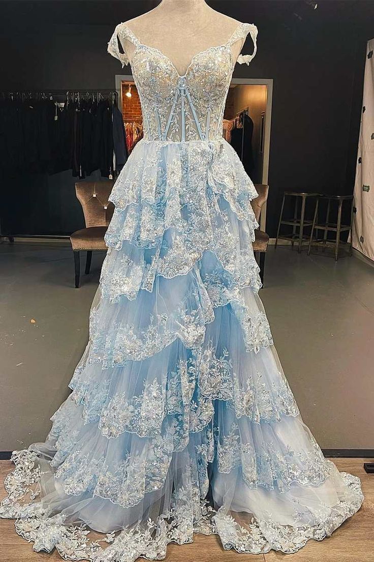 Light Blue Lace Sweetheart Tiered Long Prom Dress with Slit fg4197