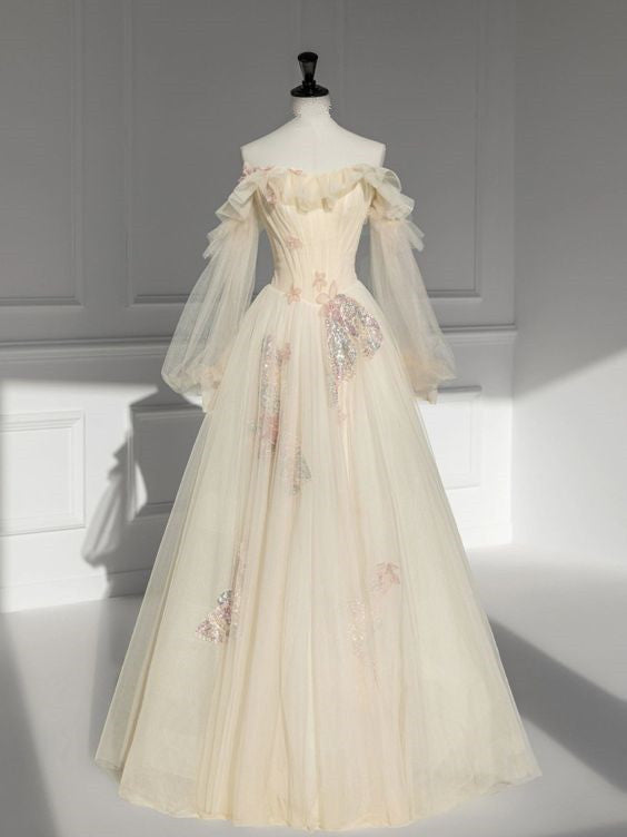 Champagne Off-the-shoulder Gown Dress Long Sleeve Prom Dress Evening Dress fg4297