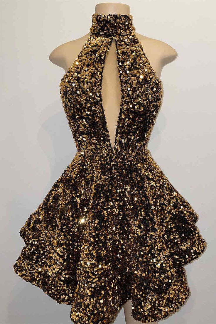 Glitter Halter Gold Sequins A-Line Short Party Dress Homecoming Dresses fg3734