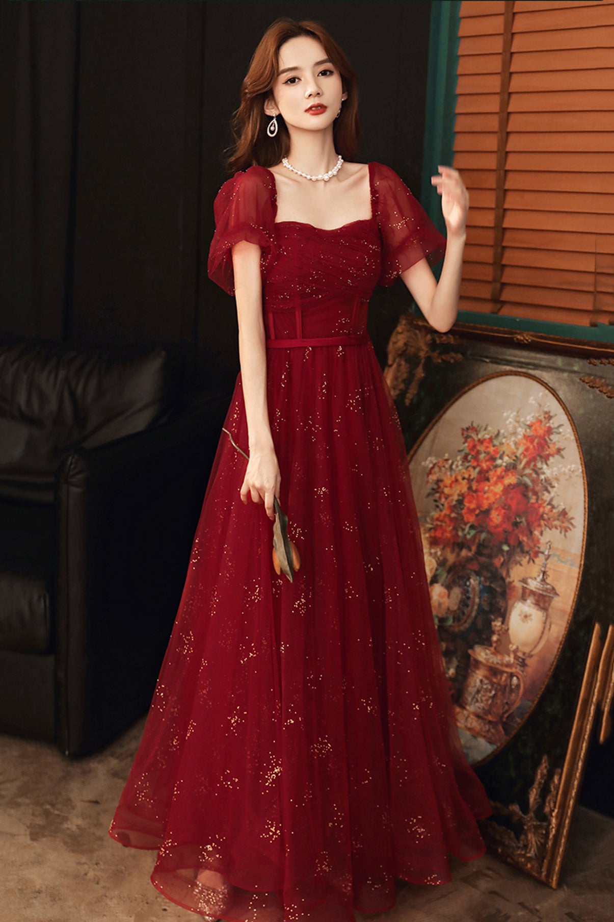 Burgundy Tulle Sequins Long A Line Prom Dress Evening Dress fg4234