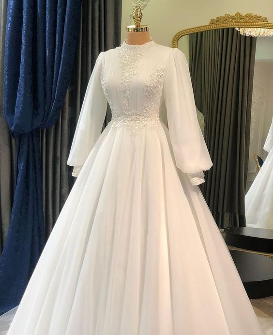 White Tulle Long Sleeve Prom Gown Wedding Dress fg4114