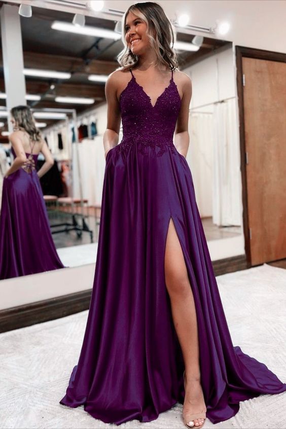 Elegant long a-line satin prom dresses v-neck split formal gown with lace appliques fg3390
