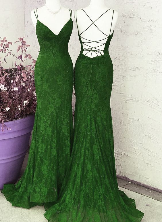 Green Lace Mermaid Straps Long Party Dress, Green Lace Wedding Party Dress fg4280