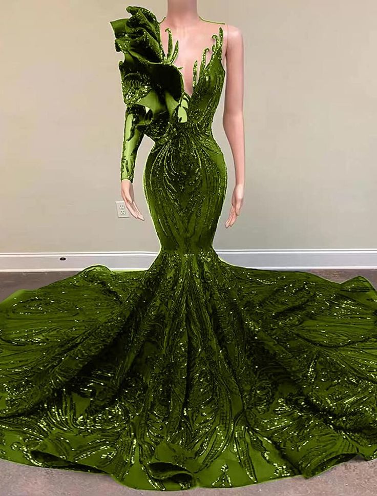 Evening Gown Sparkle & Shine Dress Engagement Formal Evening Court Train Long Sleeve One Shoulder Sequined prom gown fg4164