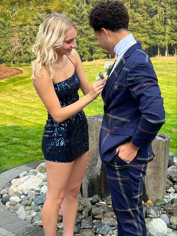 Dark Navy Sequin Homecoming Dress Straps Sheath Formal Dresses fg3750