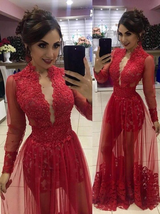 Robe de bal longue en dentelle rouge, robe de soirée fg4137