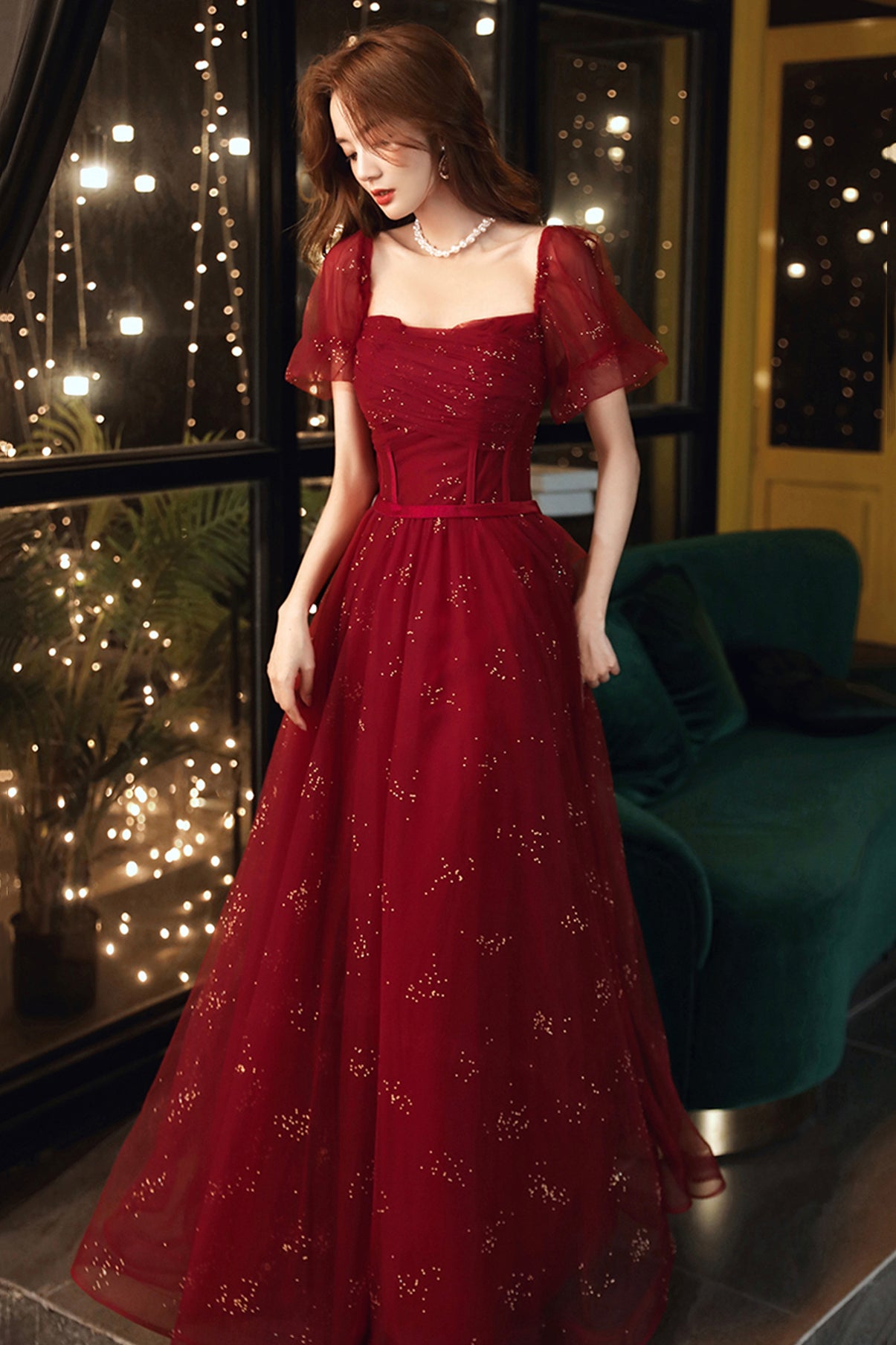 Burgundy Tulle Sequins Long A Line Prom Dress Evening Dress fg4234