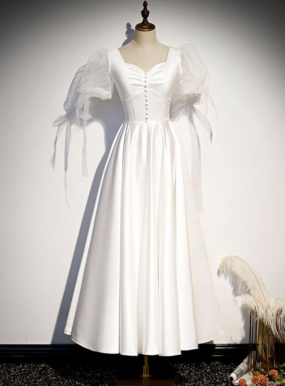 White Satin Square Short Sleeve Button Prom Dress fg3841