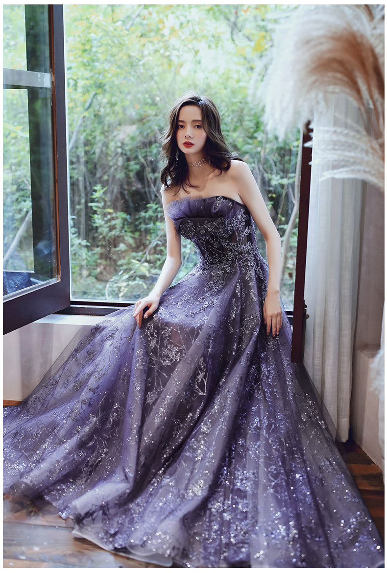 Dark Purple Tulle Style Evening Gown, Purple A-line Long Prom Dress Party Dress fg4008