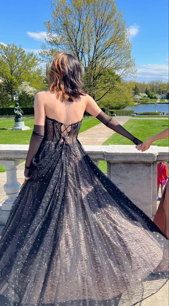 Robe de bal noire scintillante sans bretelles, robe de bal noire chic fg3805