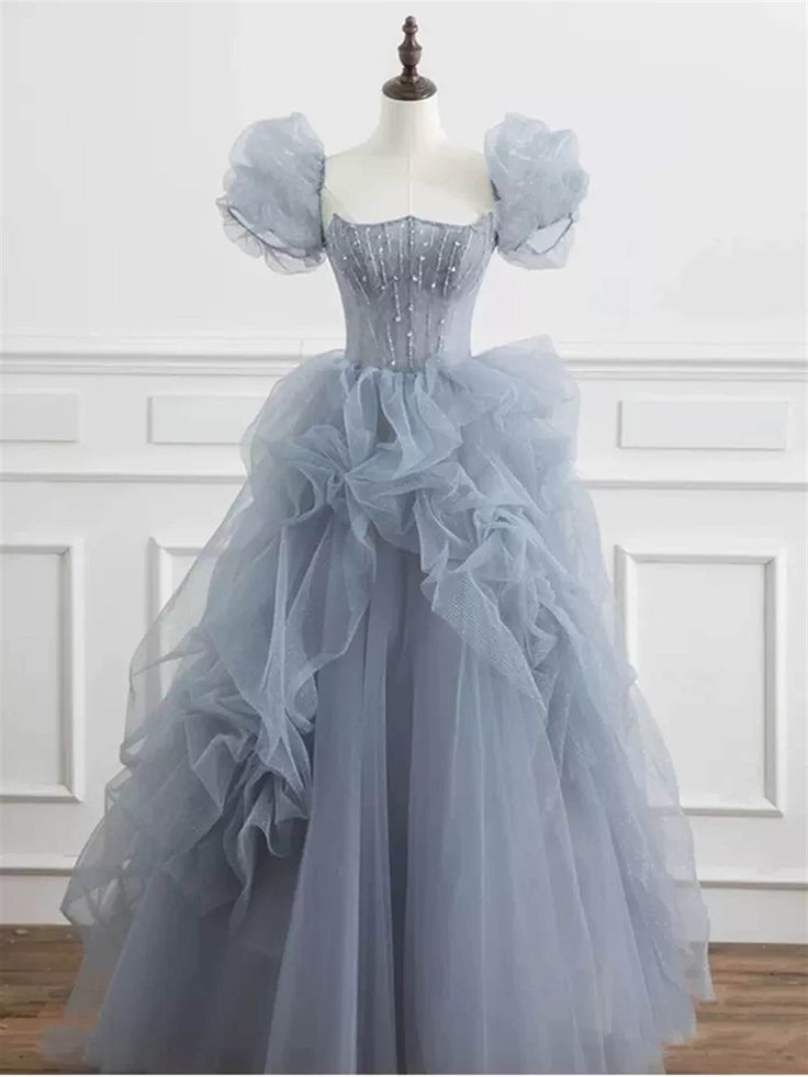 Gray tulle long prom dress A-line evening dress fg3409