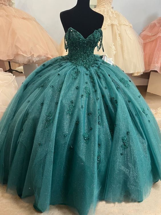 Ball Gown Beaded Quinceanera Dress Spaghetti Straps Emerald Green Quince Dress fg4214