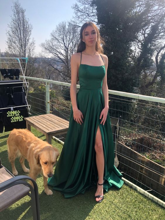 Green A line Prom Dresses Long Side Slit Spaghetti Strap Sexy Satin Formal Evening Dress fg4203
