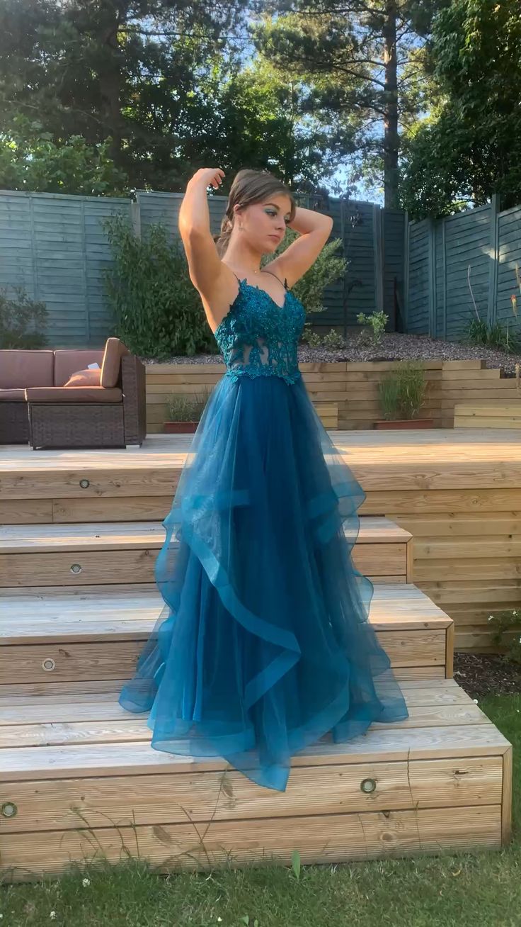 A-line Spaghetti Straps V Neck Tulle Lace Long Prom Dress Formal Dress fg4302