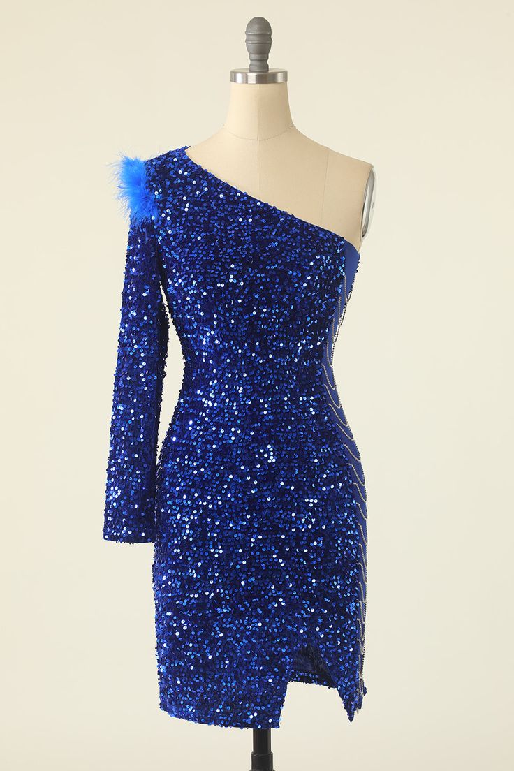 One Shoulder Sequined Cocktail Dress With Feathers fg3845