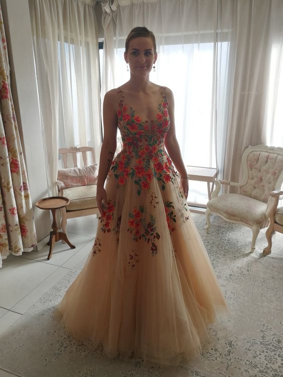 A Line Evening Dress Sexy V-neck Tulle Women Formal Prom Gowns fg4327