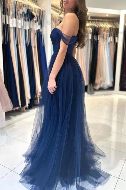 Elegant Long Navy Blue Off-the-shoulder A-line Sleeveless Prom Dresses fg4312