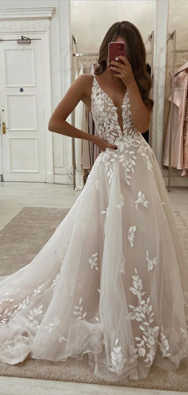 A-line Lace Dream Romantic Long Wedding Dresses fg3523