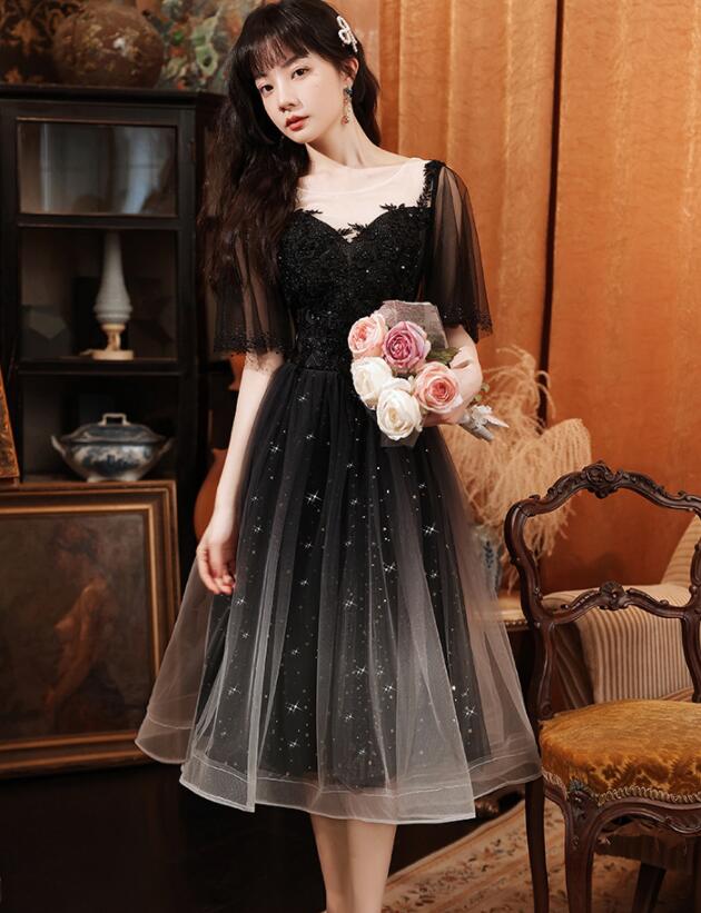 Black Short Sleeves Gradient Tulle And Lace Party Dress, Lovely Black Formal Dresses Bridesmaid Dress fg3699