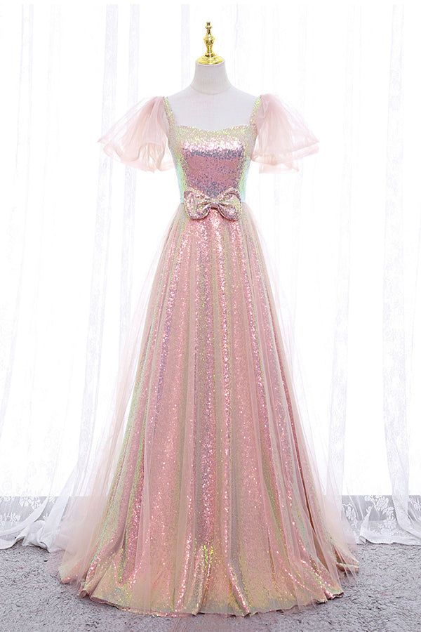 Pink Tulle Sequins Long Prom Dress, Cute Short Sleeve Evening Dress fg4122