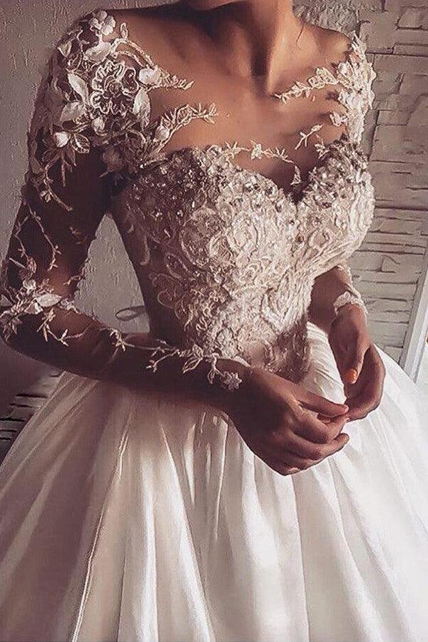 Illusion Jewel Neck Long Sleeves Sweep Wedding Dress With Appliques fg3464