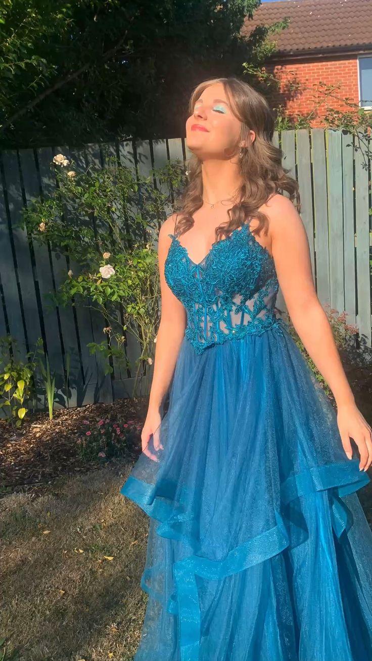 A-line Spaghetti Straps V Neck Tulle Lace Long Prom Dress Formal Dress fg4302