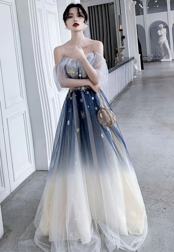 Blue Aline tulle long prom dress blue tulle formal dress fg4007