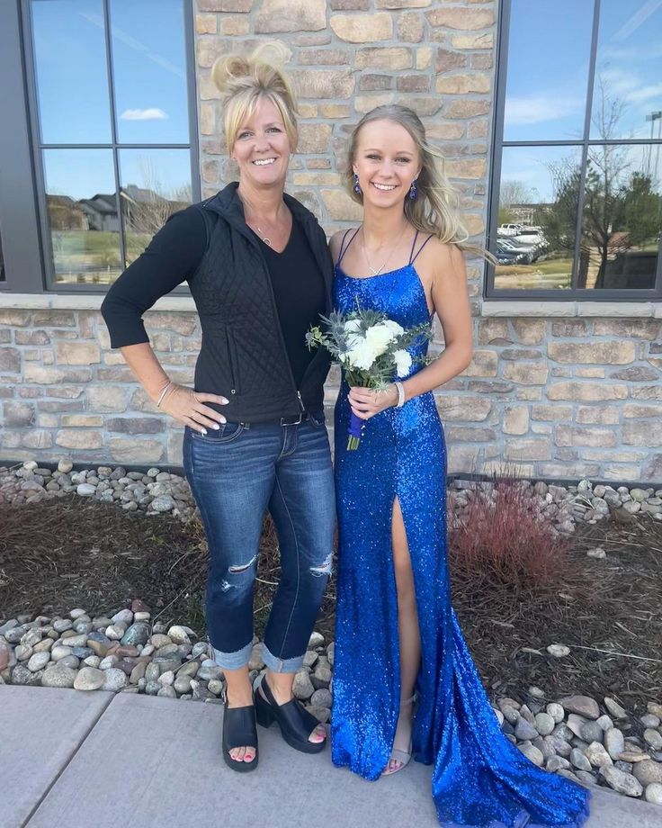 Cute Mermaid Scoop Neck Royal Blue Sequins Long Prom Dresses with Slit fg4235