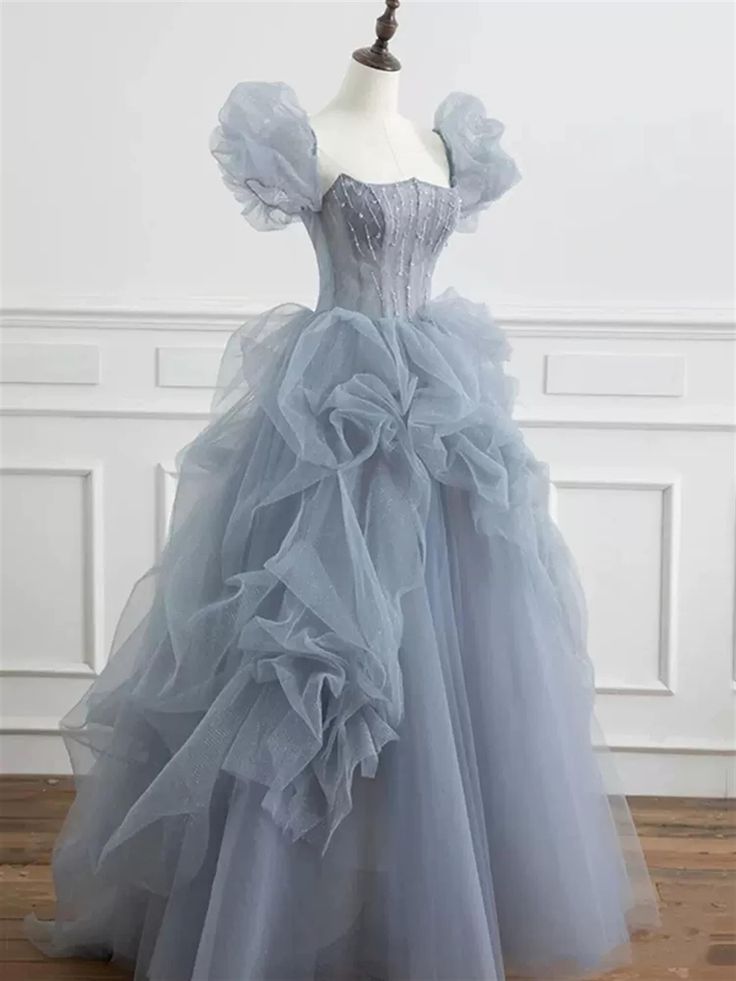 Gray tulle long prom dress A-line evening dress fg3409