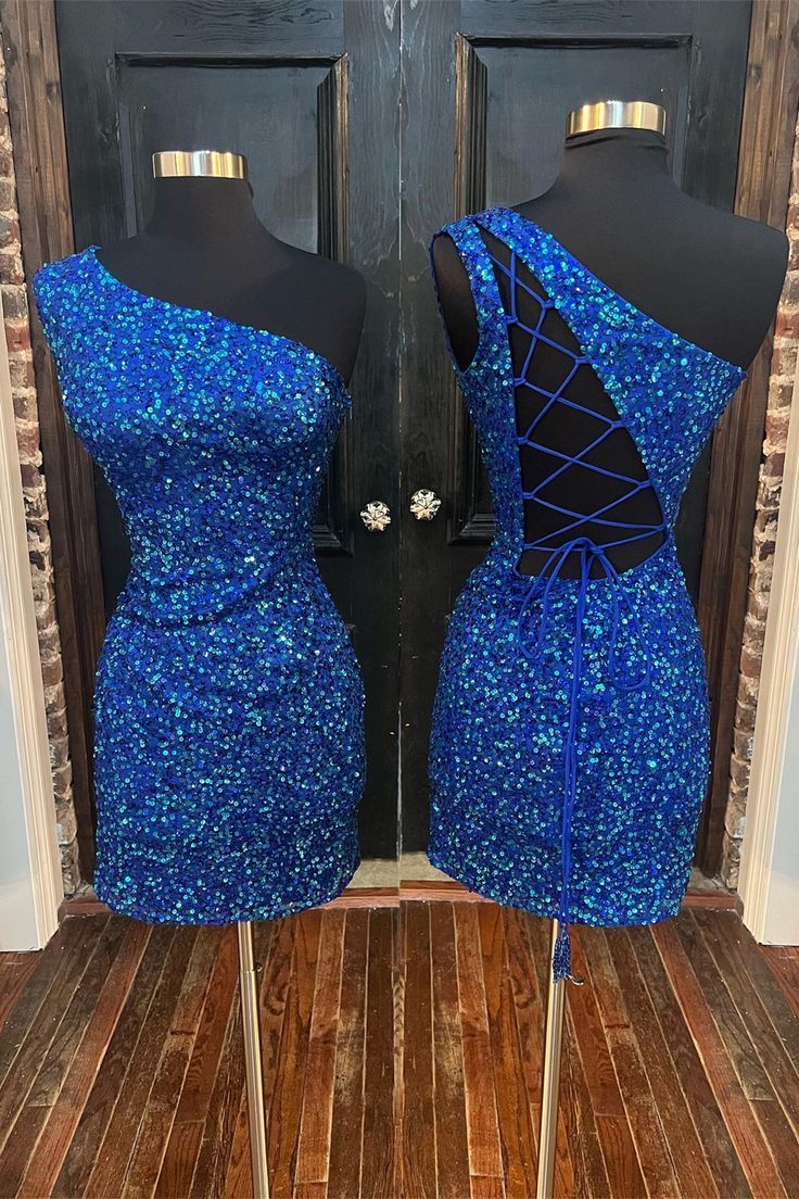 Sparkle Blue Sequin One Shoulder Bodycon Party Dress Homecoming Dresses fg3578