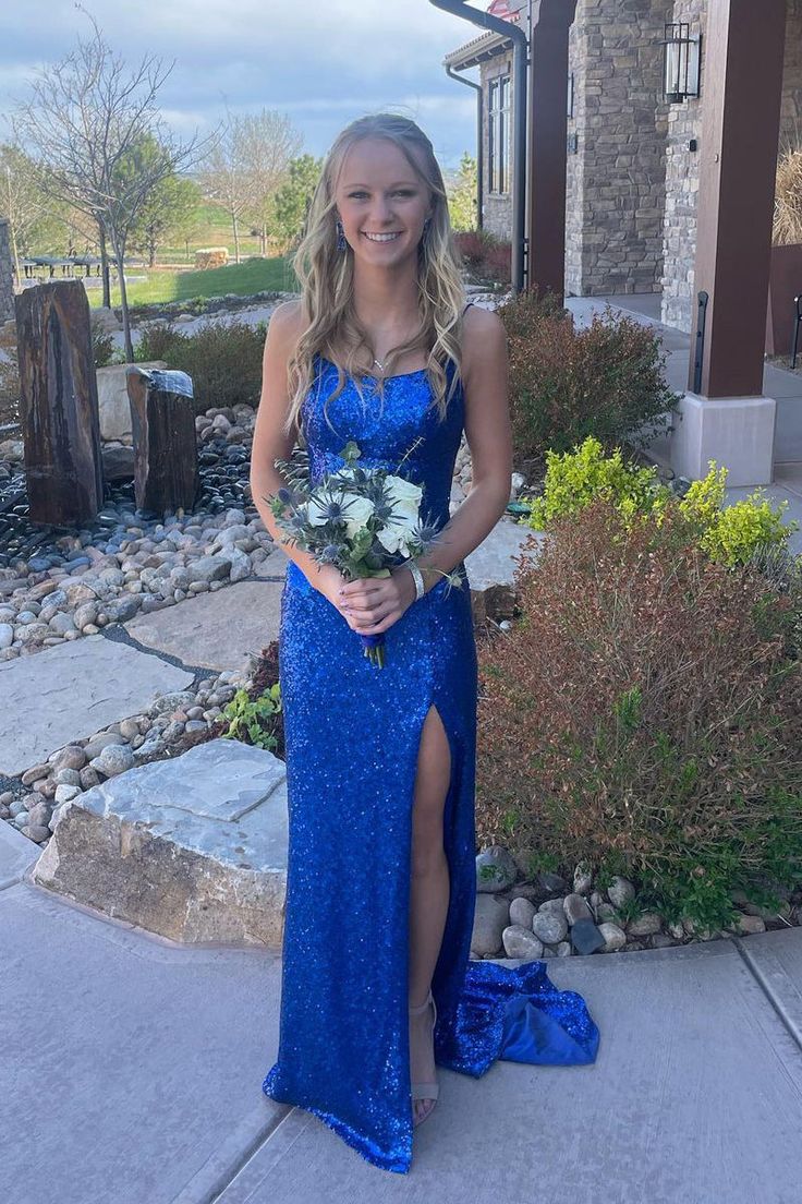 Cute Mermaid Scoop Neck Royal Blue Sequins Long Prom Dresses with Slit fg4235
