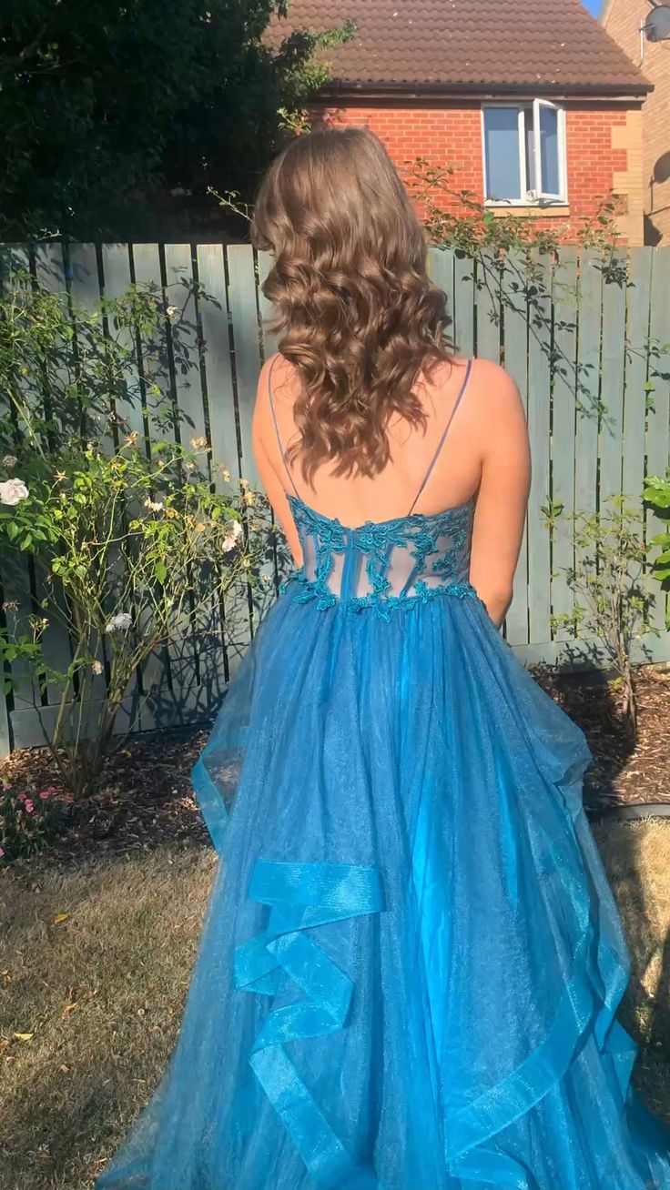 A-line Spaghetti Straps V Neck Tulle Lace Long Prom Dress Formal Dress fg4302