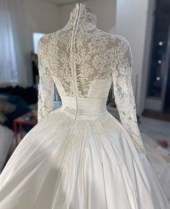 Wedding Dress 3D Flowers Pearls High Neck Lace Dresses Bridal Long Sleeve Ball Gowns For Women Ivory Muslim Engagement Dress fg4043