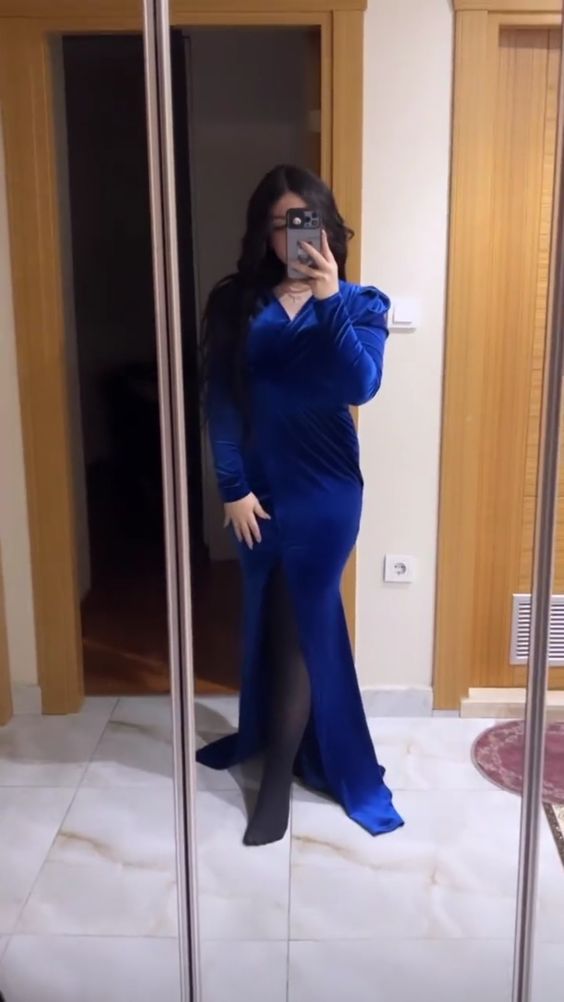 Blue V neck Long Prom Dress Formal Evening Gowns fg4020