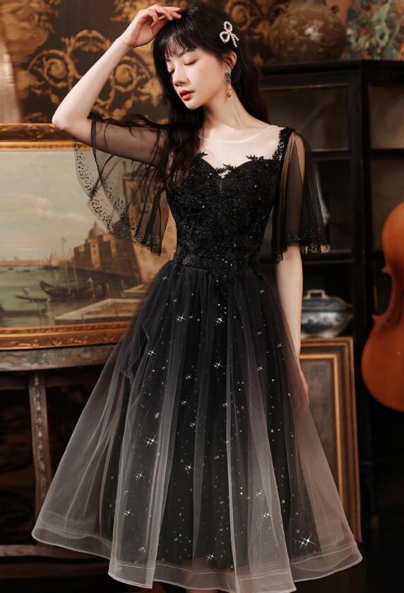 Black Short Sleeves Gradient Tulle And Lace Party Dress, Lovely Black Formal Dresses Bridesmaid Dress fg3699
