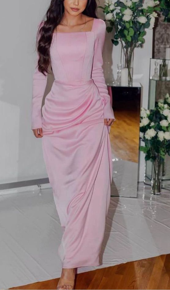 Classy Pink Square Neckline Evening Dress with Long Sleeves fg7554