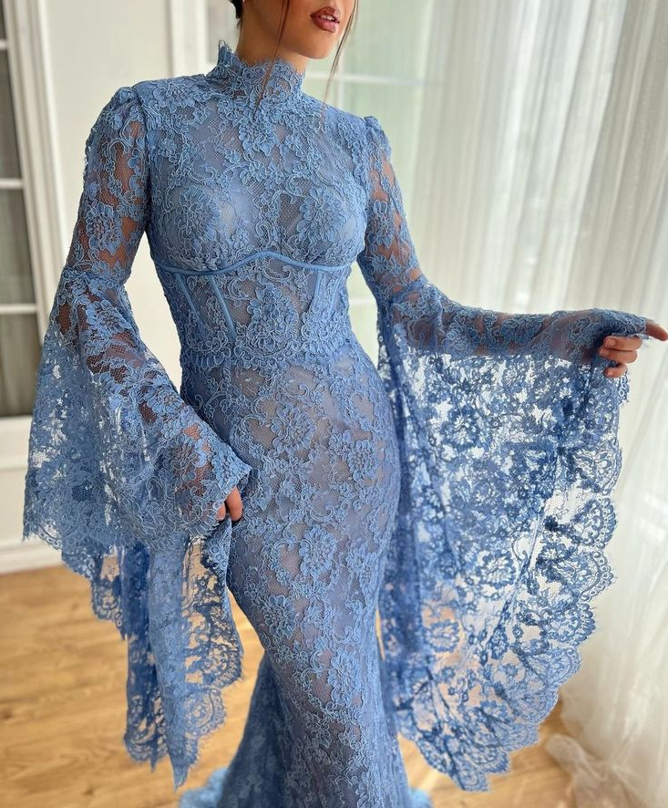 High Neck Mermaid Evening Dress for Women Flare Sleeves Blue Lace Long Prom Dresses fg7571