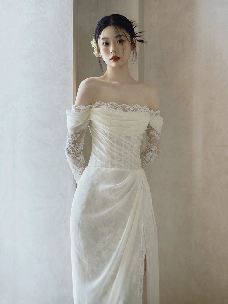 Off Shoulder Lace Long Wedding Dress Evening Party Dresses fg7704
