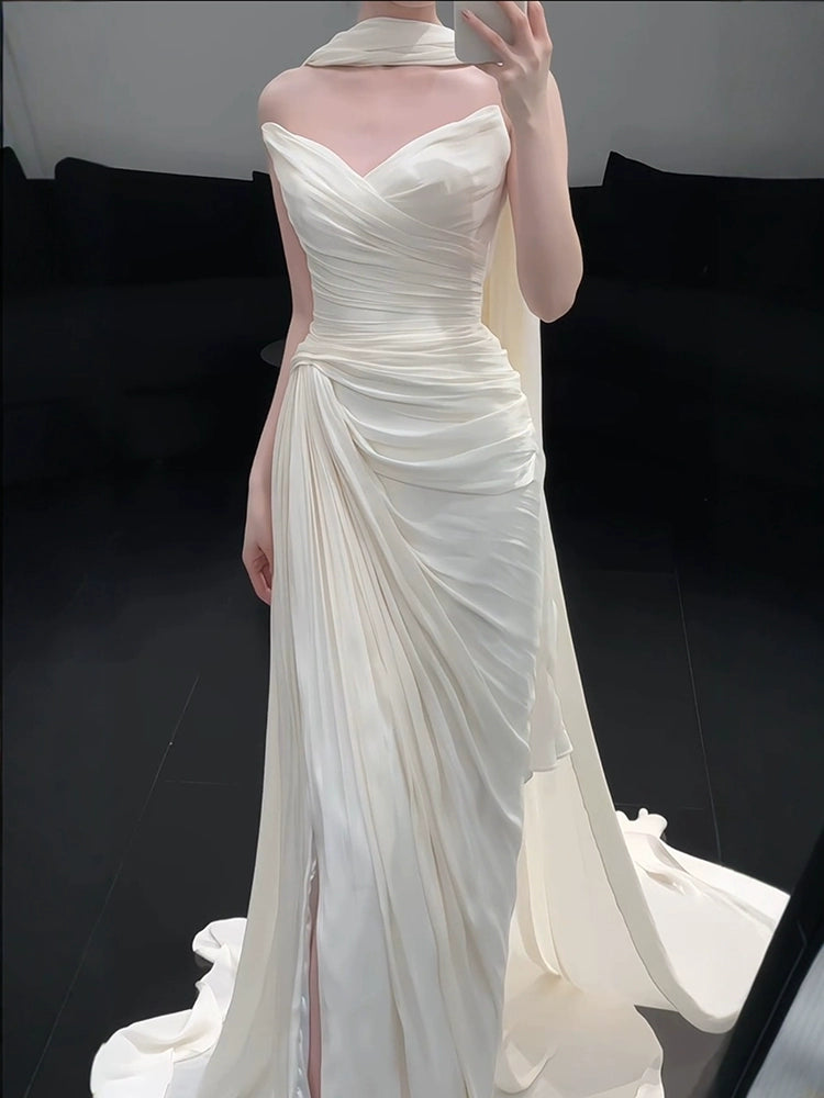 Strapless Pleat Long Wedding Dress Evening Party Dresses fg7706