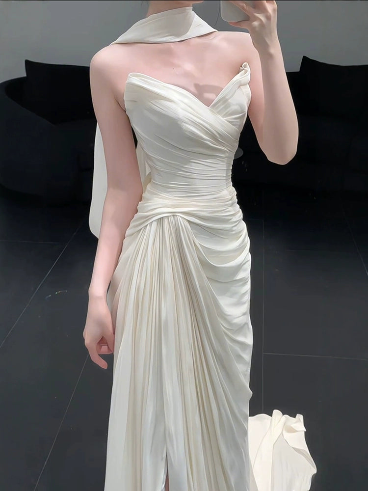 Strapless Pleat Long Wedding Dress Evening Party Dresses fg7706