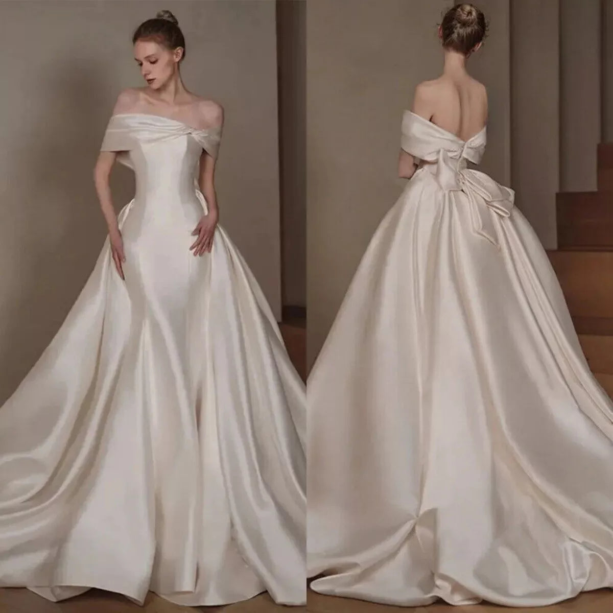 Luxury Satin A-Line Wedding Dress Boat Neck Sleeveless Off Shoulder Bridal Gown fg7609