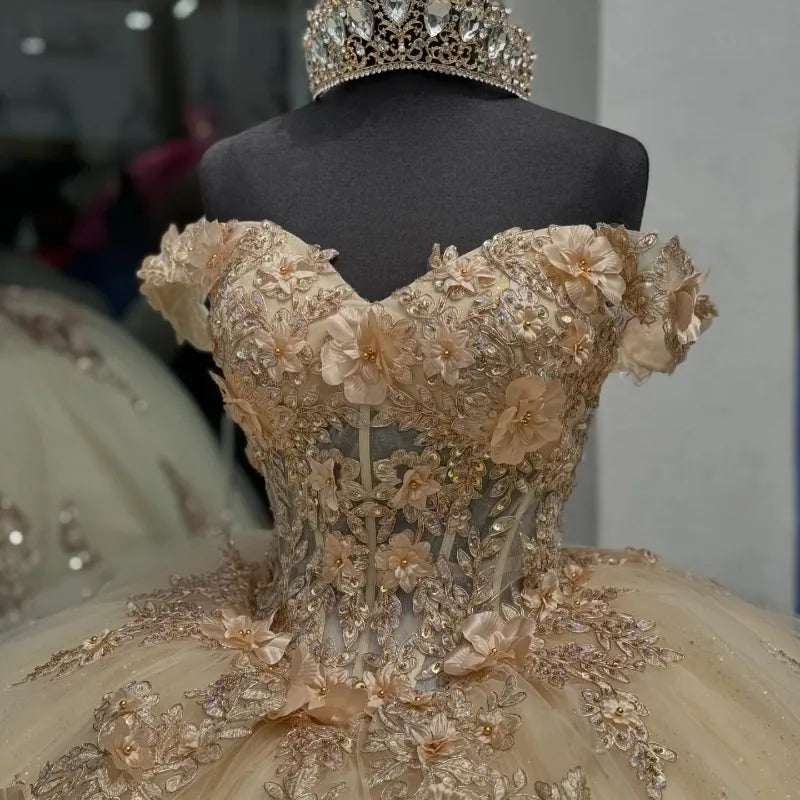 Champagne Off the Shoulder Ball Gown Applique Quinceanera Dress with Train fg8023