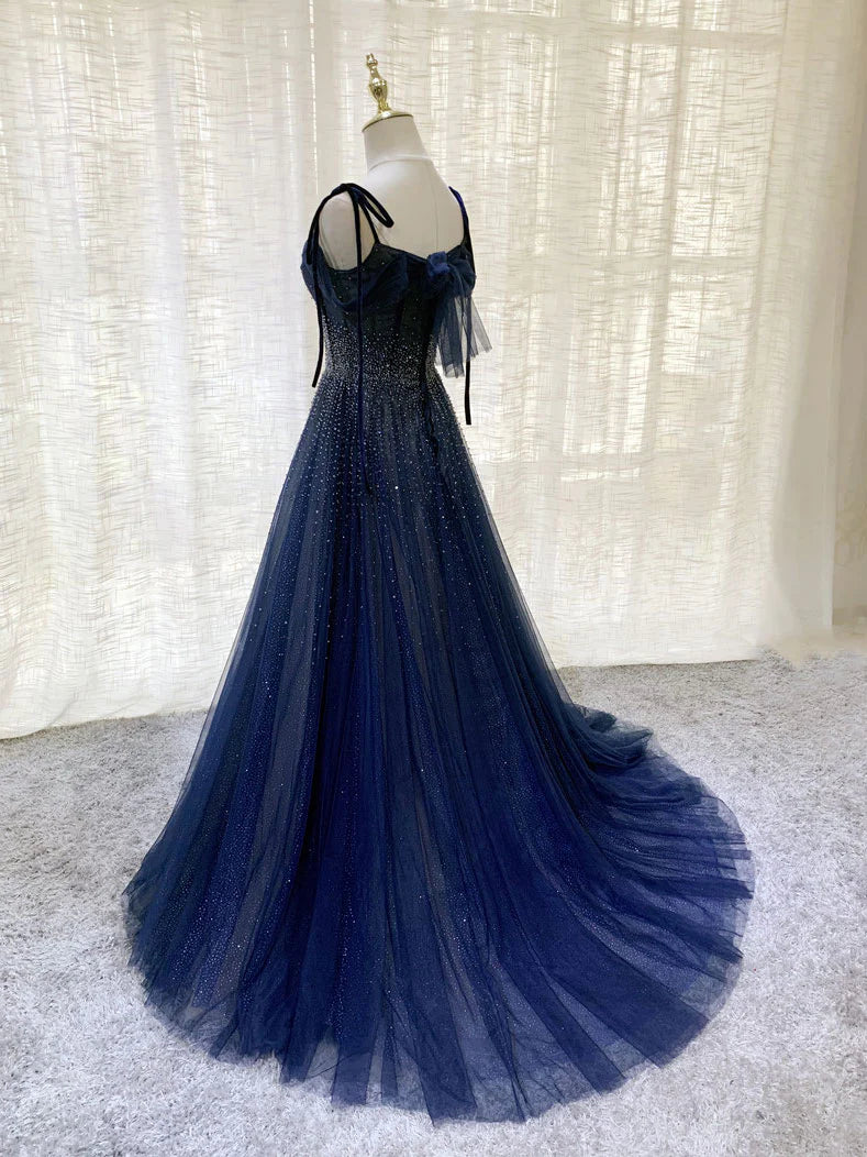 Shiny Navy Blue Tulle Straps Long Prom Dresses Party Dresses, A-line Beaded Prom Dresses fg5018