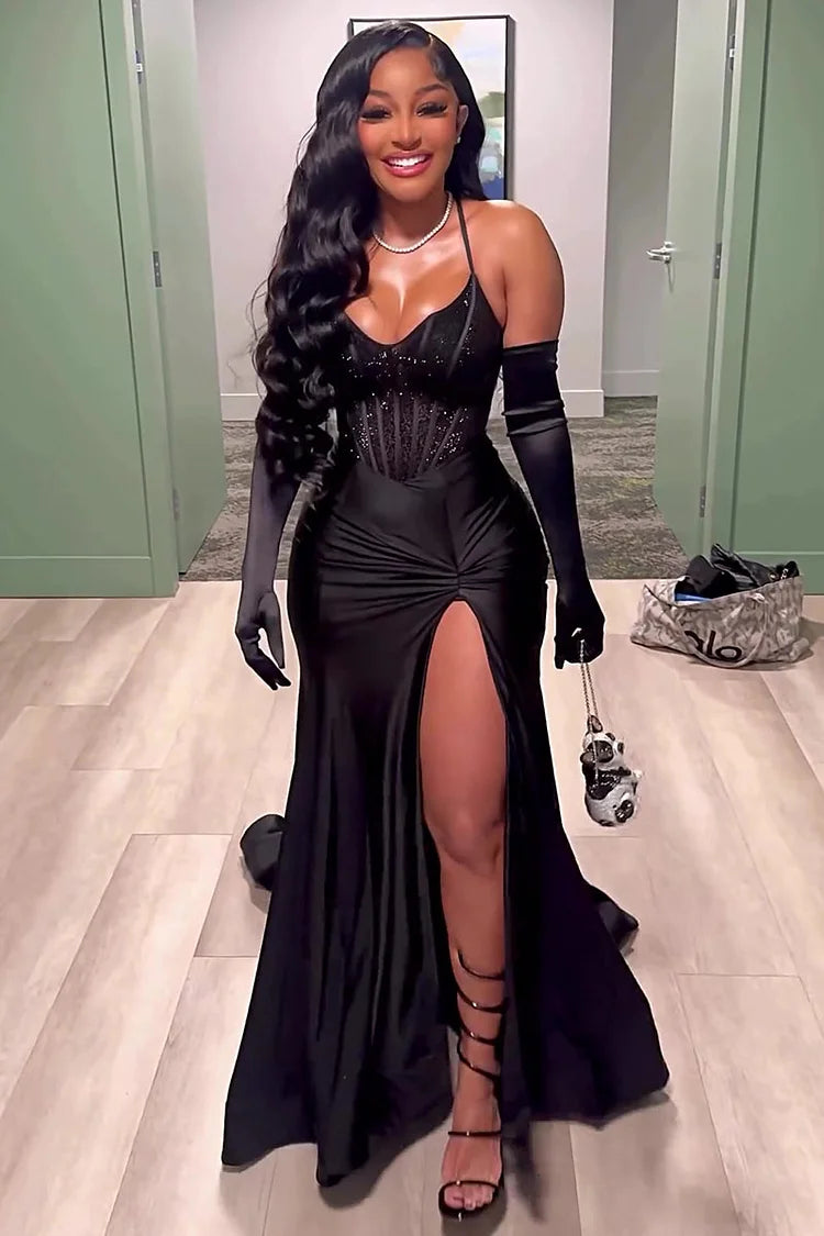 Black Evening Dress Long Prom Dress With Gloves fg6982
