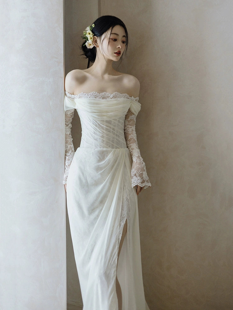 Off Shoulder Lace Long Wedding Dress Evening Party Dresses fg7704